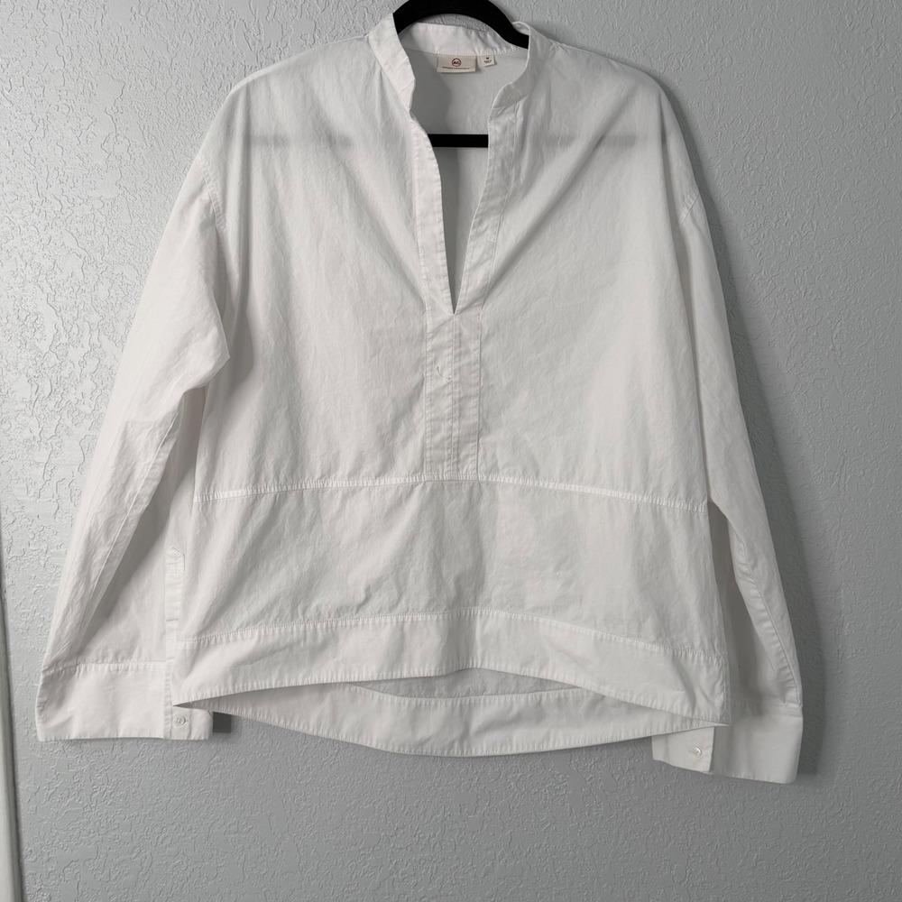 AG Adriano Goldschmied White Cotton Popover V-Neck Mandarin Collar Blouse M